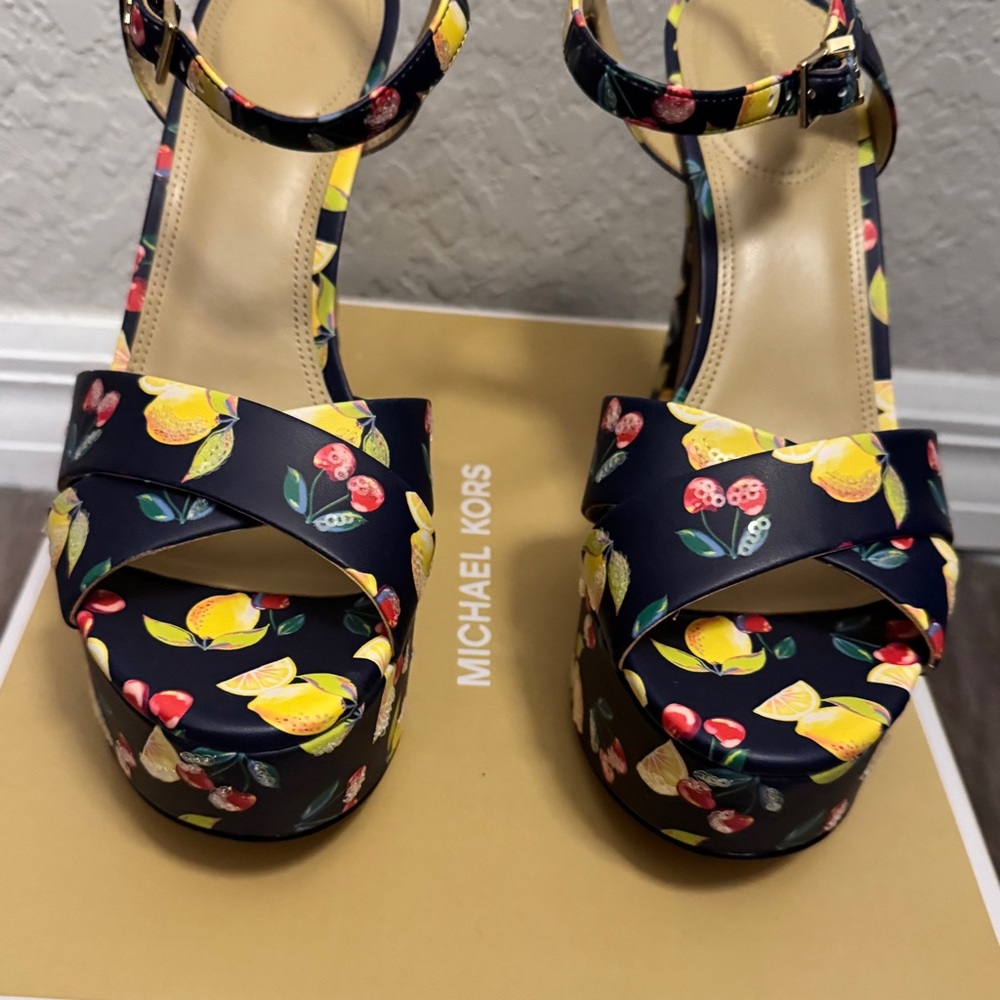 Michael Kors Leona Fruit Paint/Sequin Navy Blue,Yellow,Red, Platform Heels